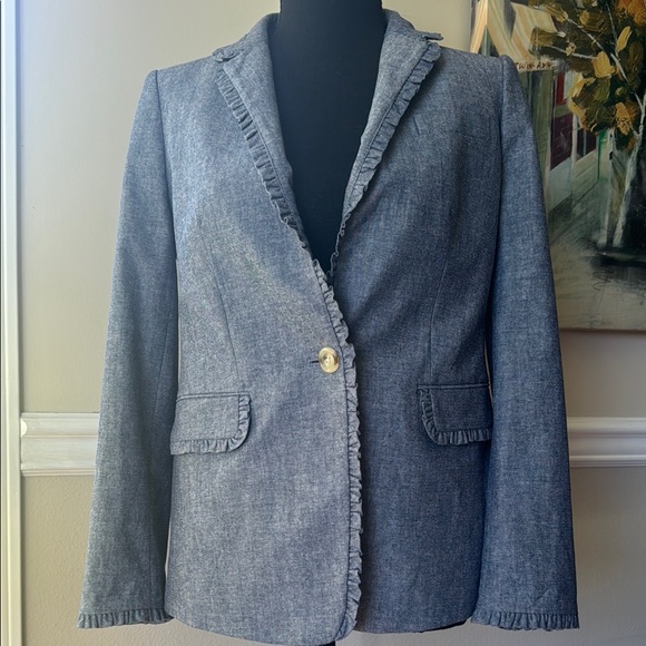 J. Crew Regent Ruffle‎ Trim Chambray Blazer - Picture 2 of 13